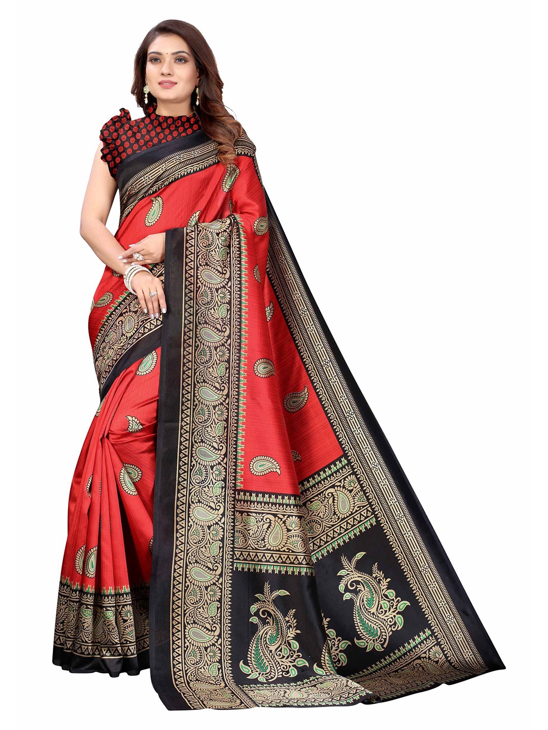 

AADVIKA Black & Red Paisley Art Silk Mysore Silk Saree