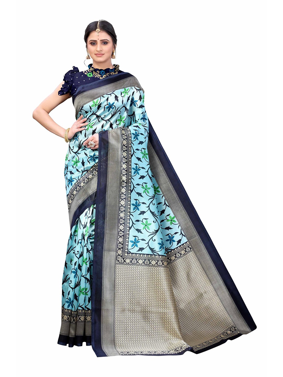 

AADVIKA Turquoise Blue & Green Floral Art Silk Mysore Silk Saree