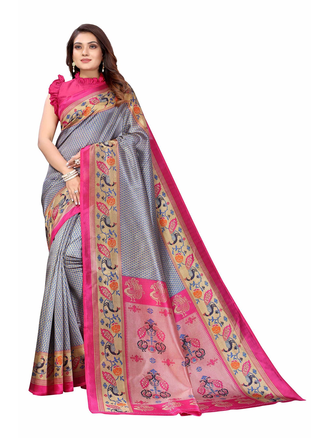 

AADVIKA Pink & Grey Ethnic Motifs Art Silk Mysore Silk Saree