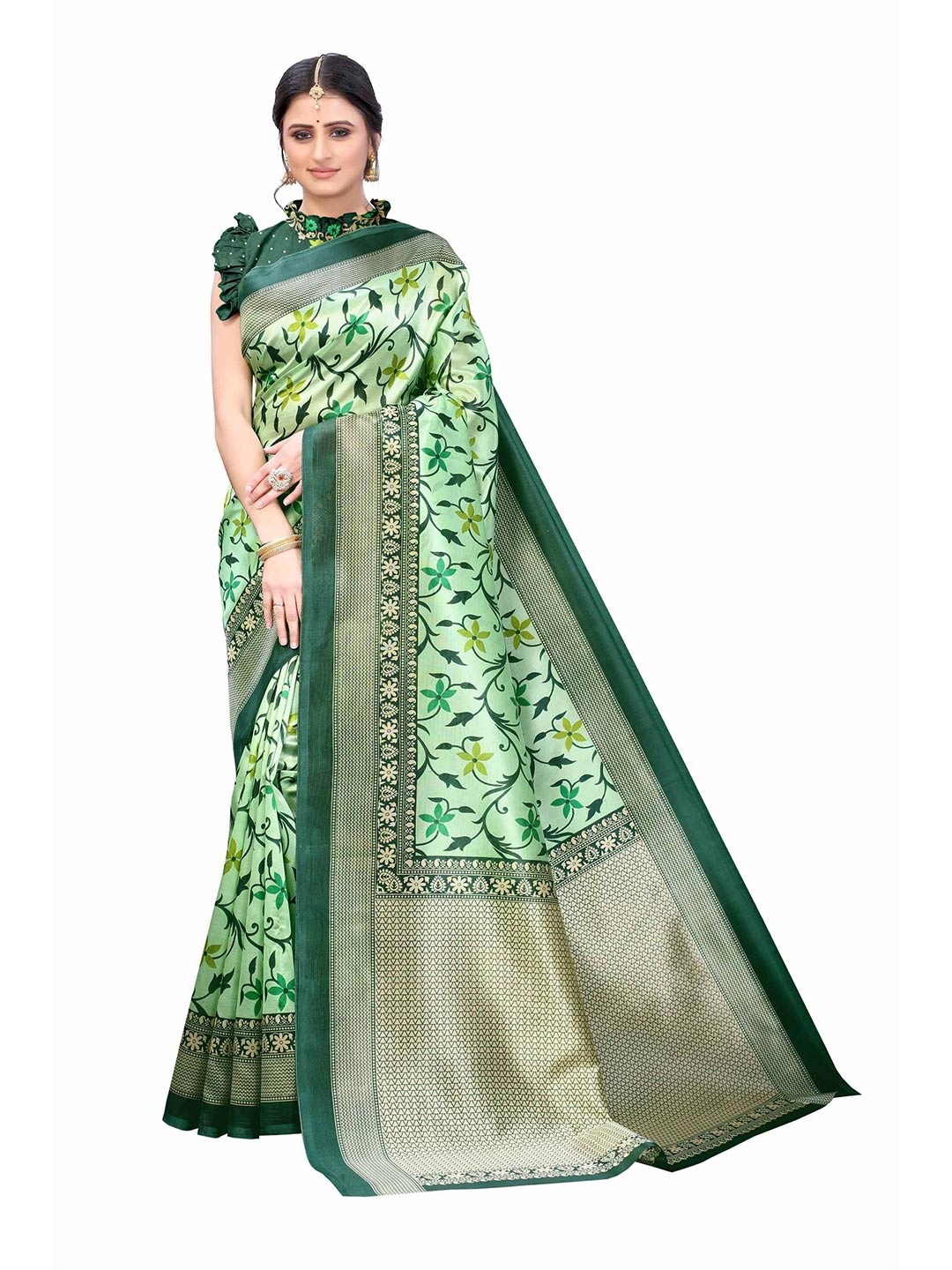 

AADVIKA Green & Gold-Toned Floral Art Silk Mysore Silk Saree