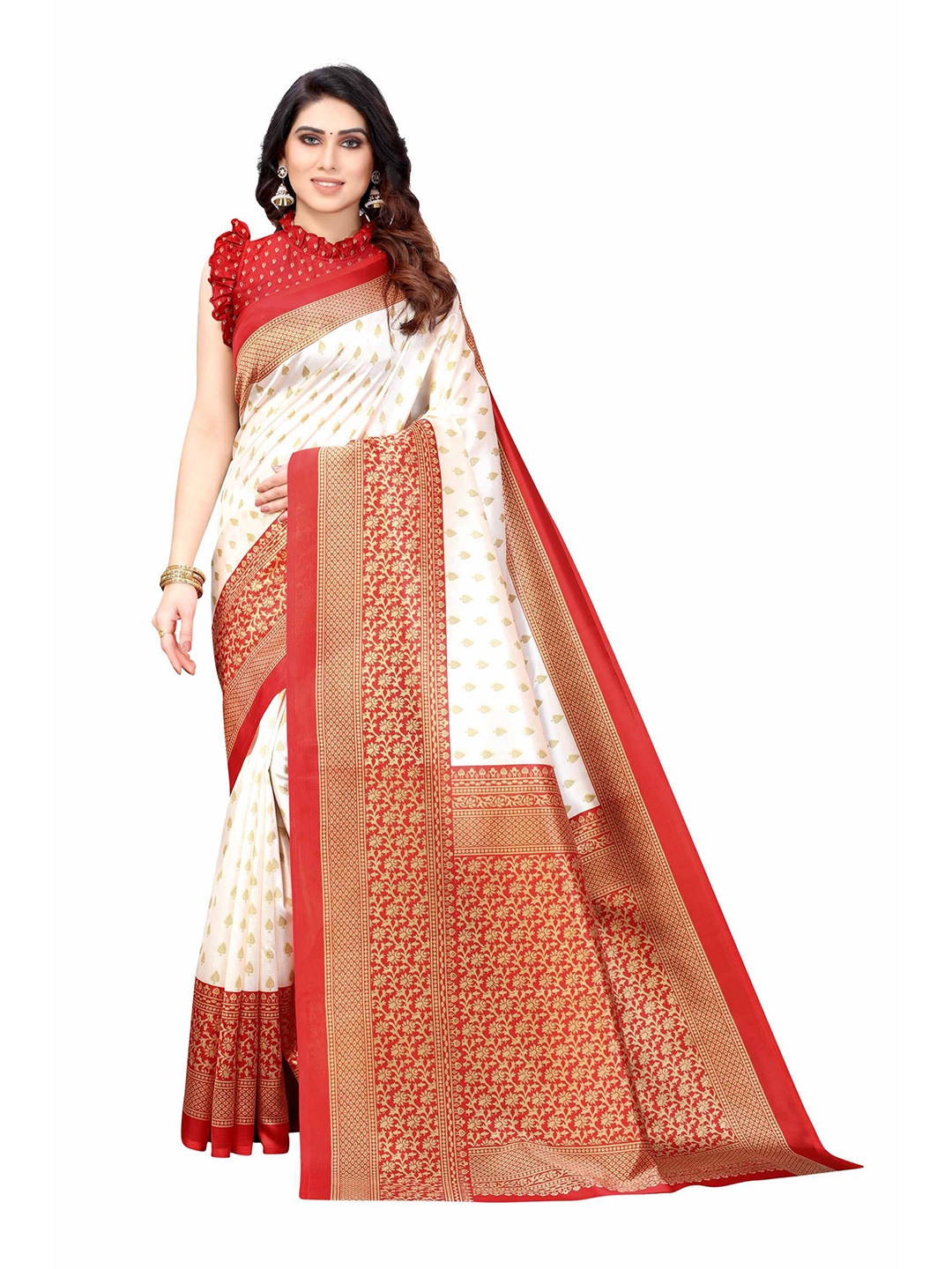

AADVIKA Red & White Ethnic Motifs Art Silk Mysore Silk Saree