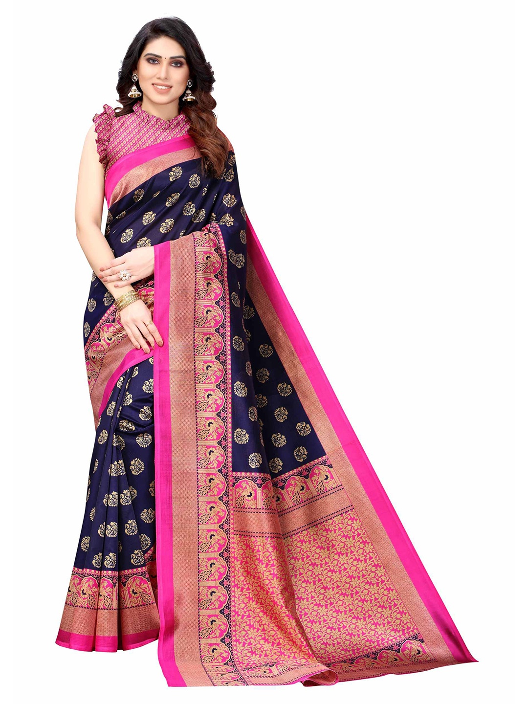 

AADVIKA Pink & Navy Blue Ethnic Motifs Art Silk Mysore Silk Saree