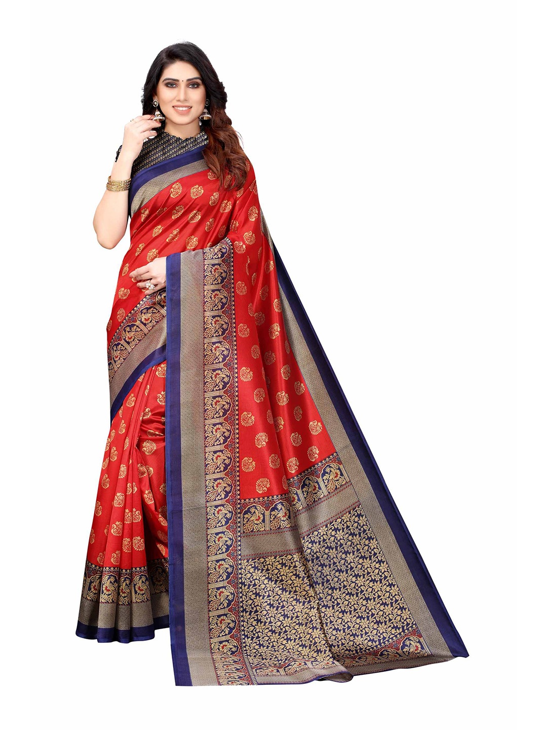 

AADVIKA Navy Blue & Orange Ethnic Motifs Art Silk Mysore Silk Saree