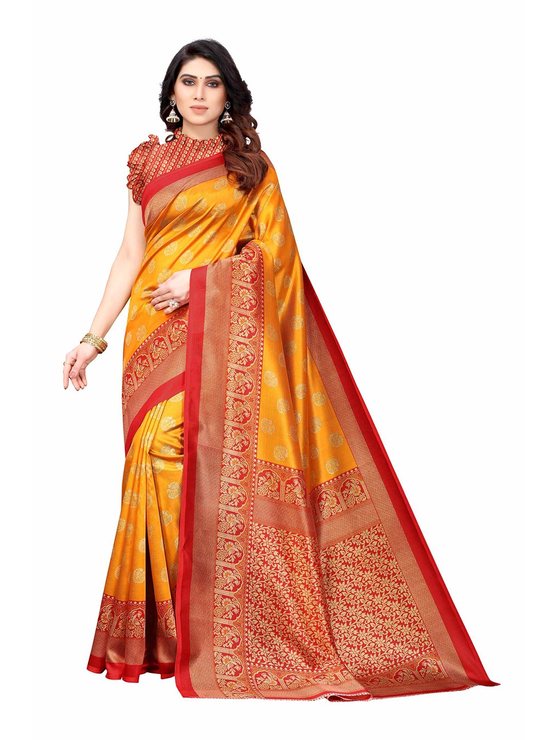 

AADVIKA Red & Mustard Ethnic Motifs Art Silk Mysore Silk Saree