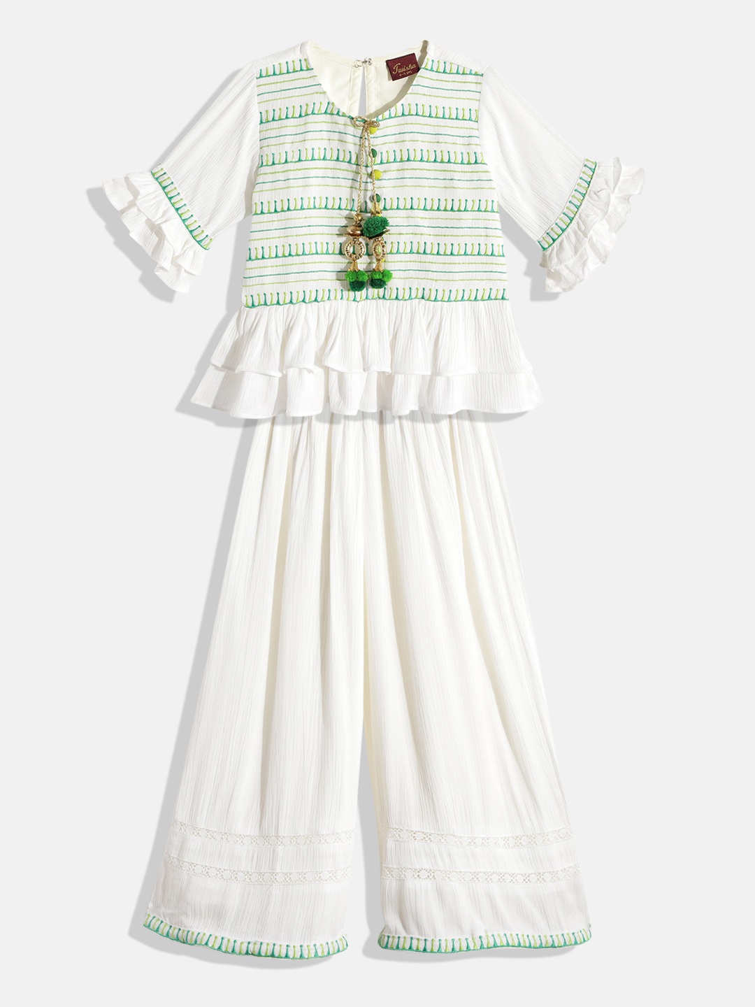 

Twisha Girls White & Green Embroidered Top with Palazzos