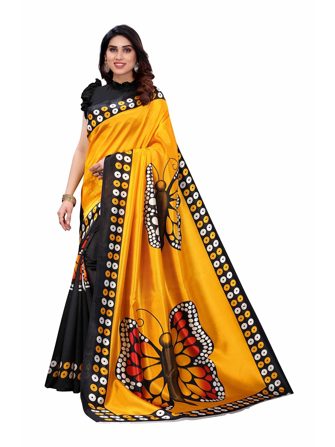 

AADVIKA Yellow & Black Art Silk Saree