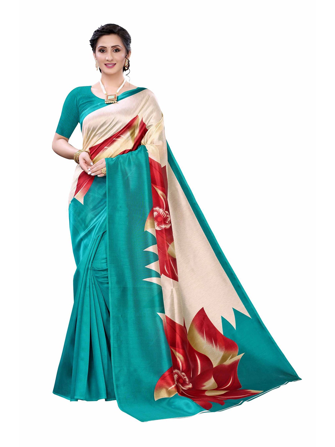 

AADVIKA Green & Cream-Coloured Floral Art Silk Mysore Silk Saree