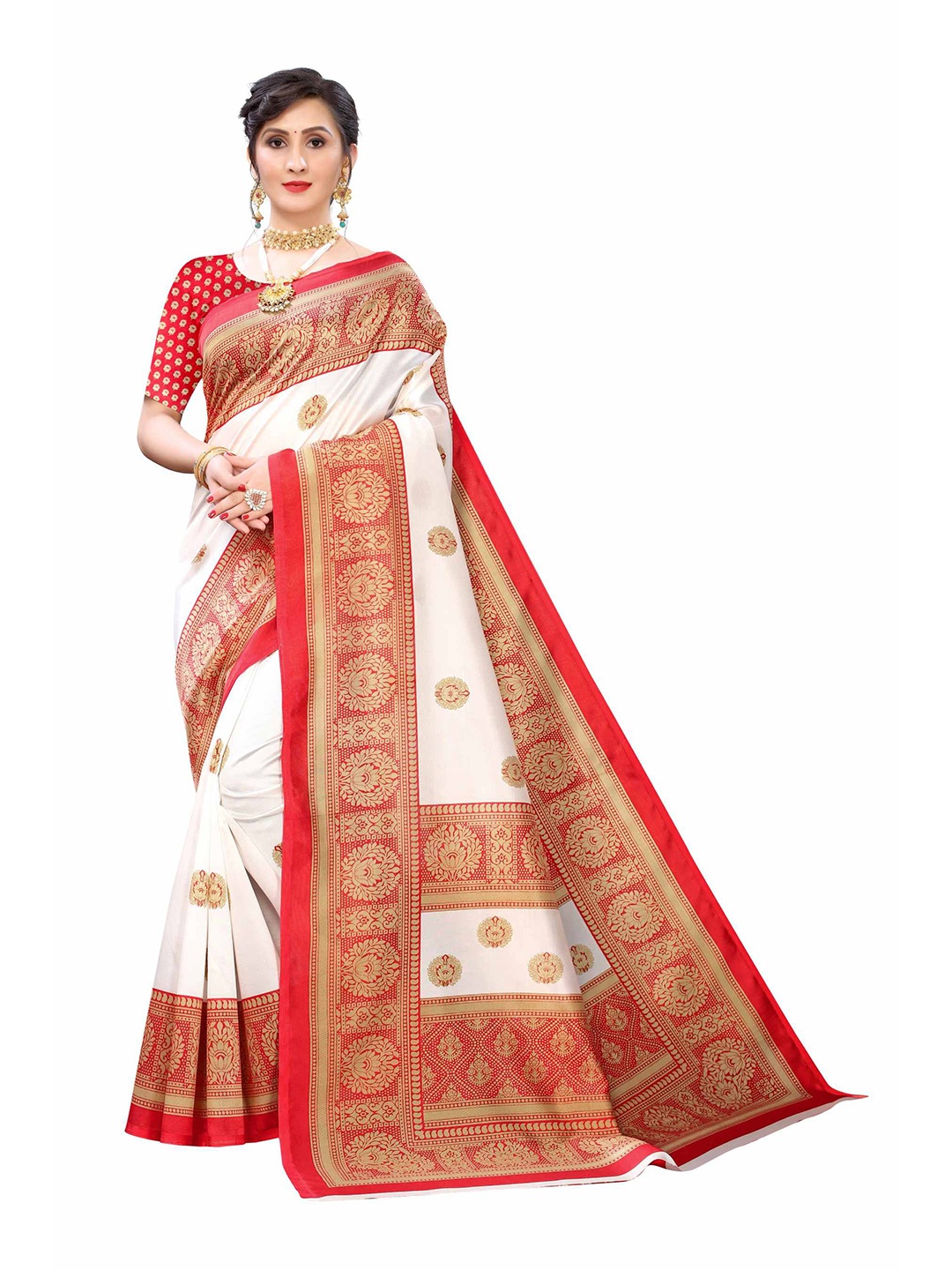 

AADVIKA White & Red Ethnic Motifs Art Silk Saree