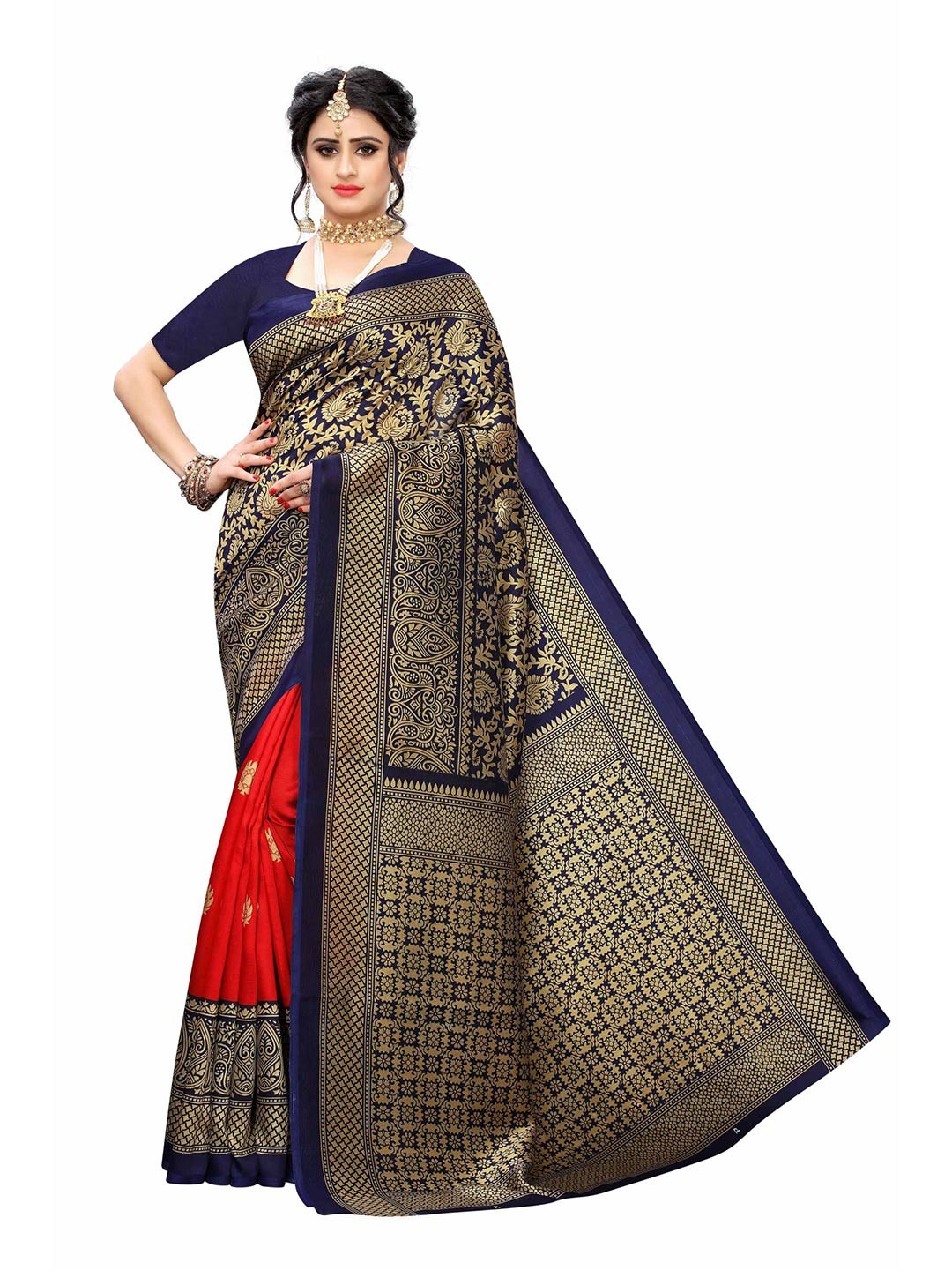 

AADVIKA Women Navy Blue Ethnic Motifs Print Mysore Silk Saree