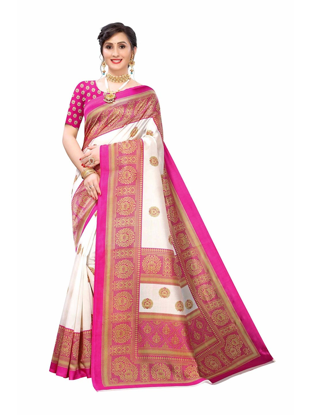 AADVIKA White & Pink Ethnic Motifs Art Silk Saree
