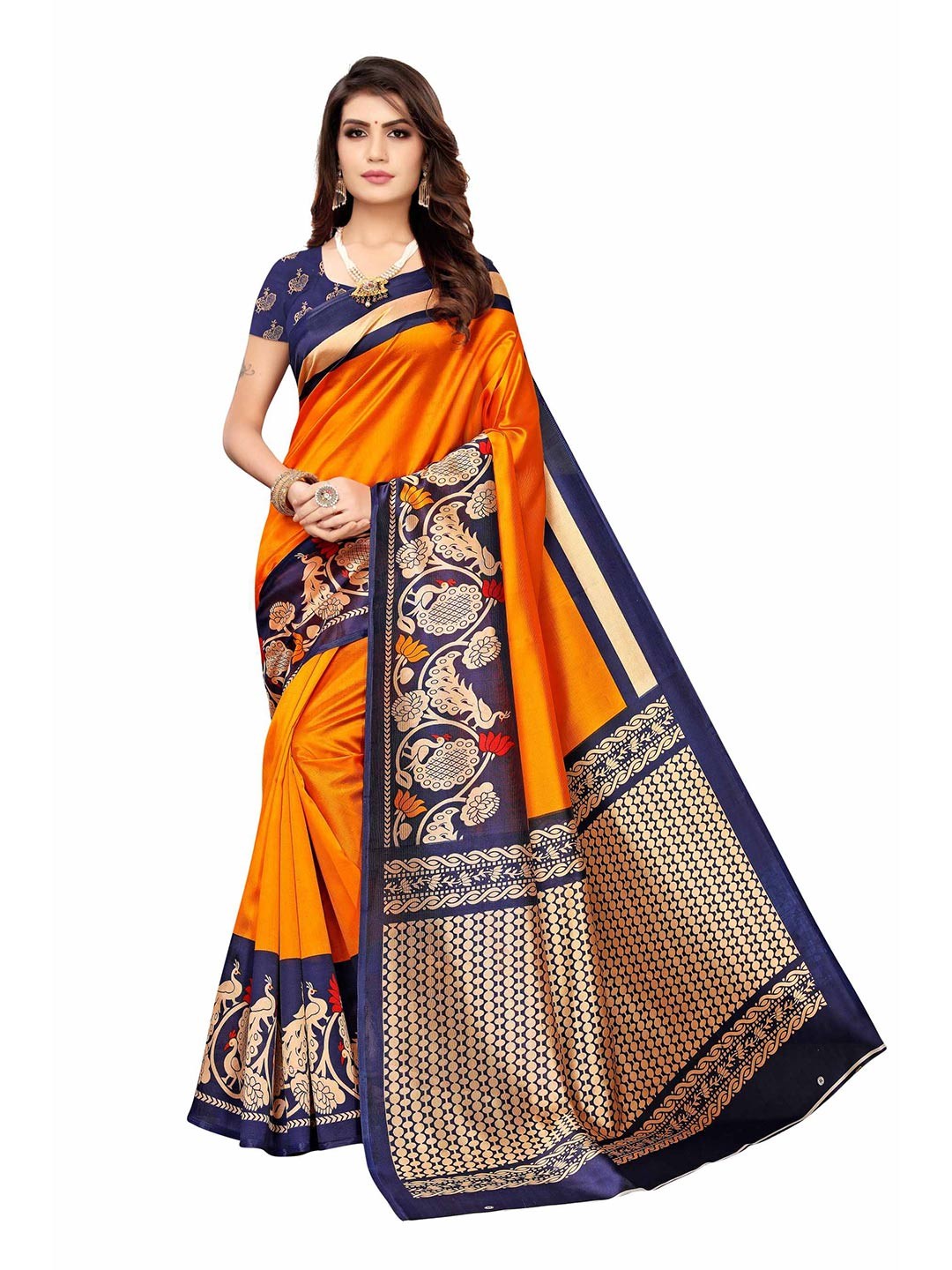 

AADVIKA Mustard & Navy Blue Floral Art Silk Mysore Silk Saree