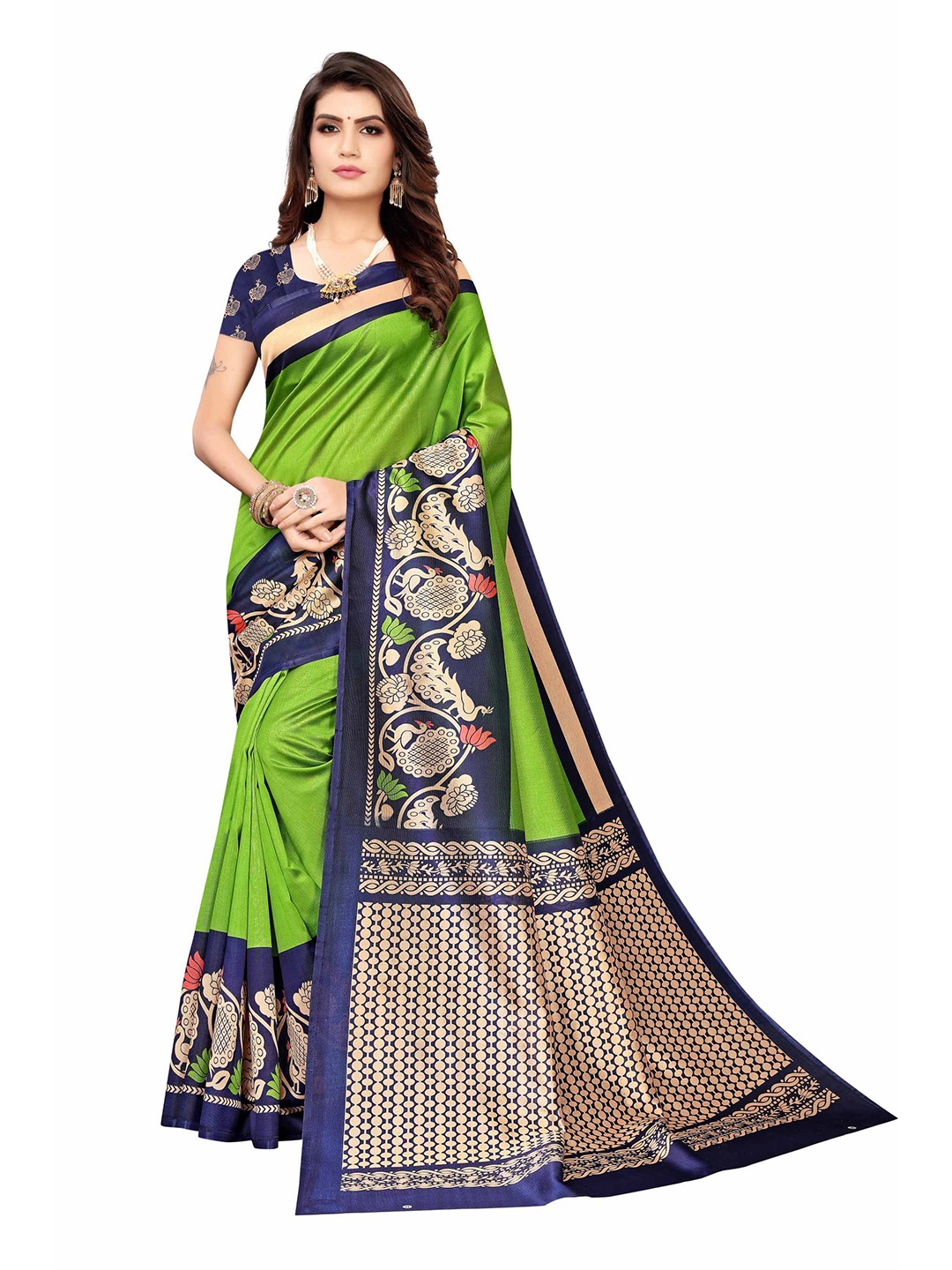 

AADVIKA Green & Navy Blue Floral Art Silk Mysore Silk Saree