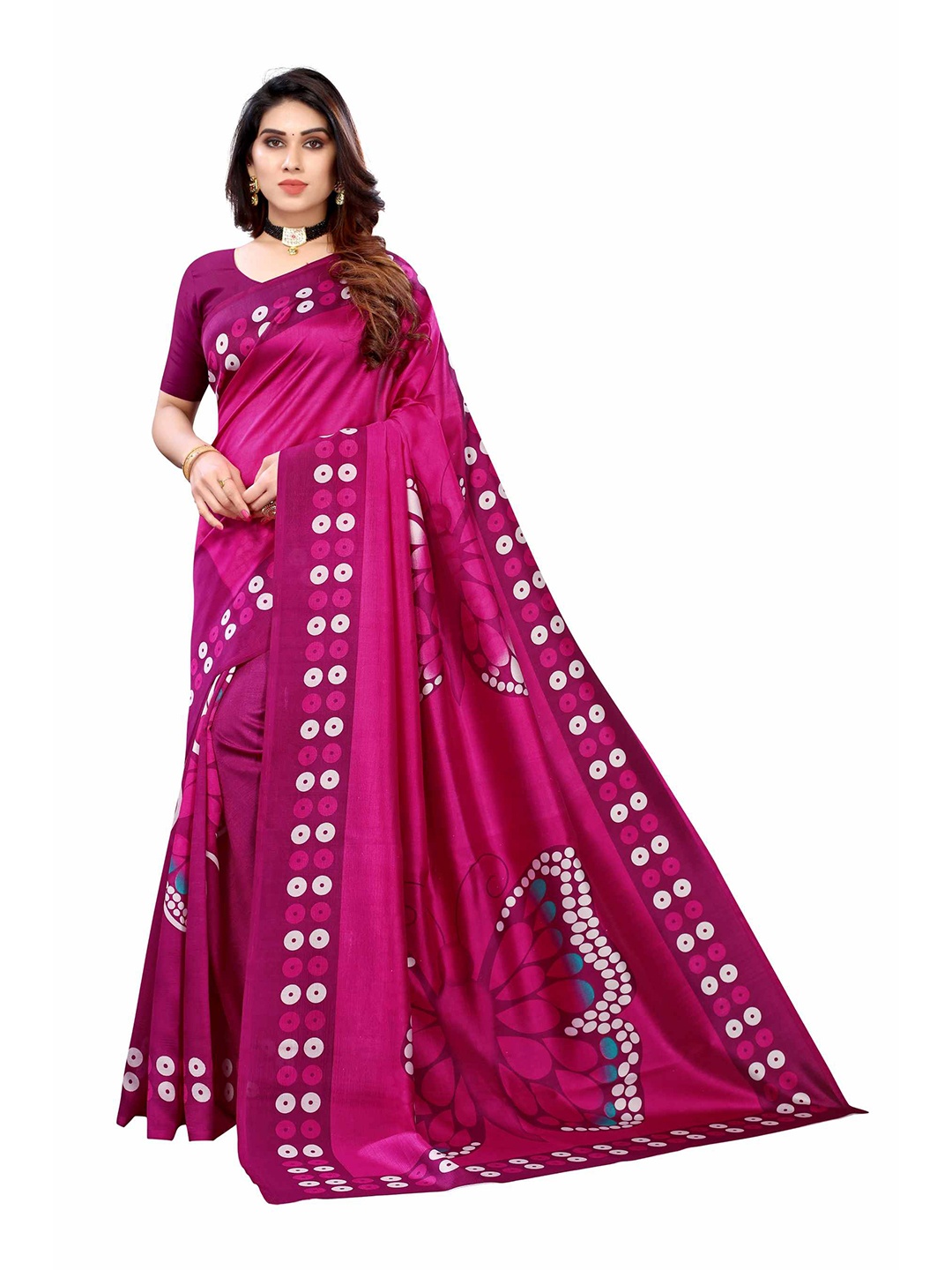 

AADVIKA Pink & White Printed Art Silk Saree