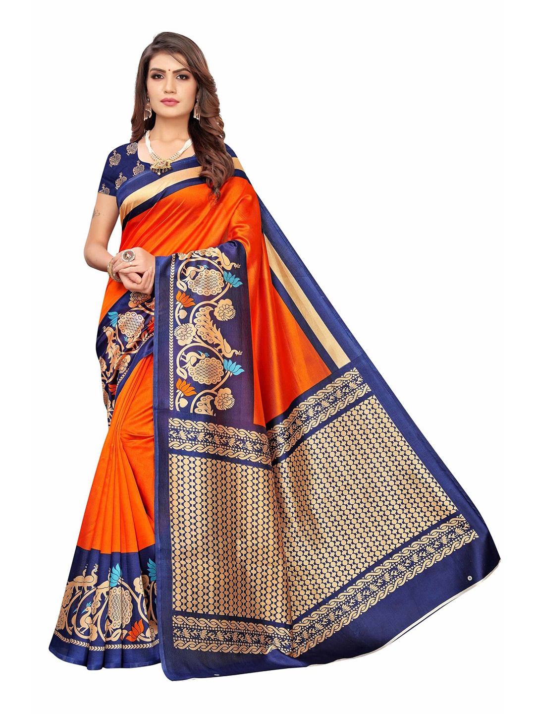 

AADVIKA Orange & Navy Blue Ethnic Motifs Art Silk Mysore Silk Saree