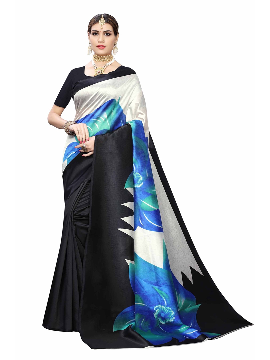 

AADVIKA Black & Blue Floral Art Silk Saree