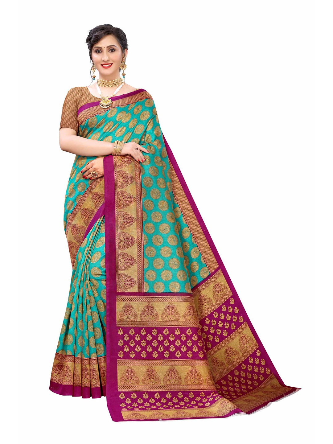 

AADVIKA Green & Purple Woven Design Art Silk Saree