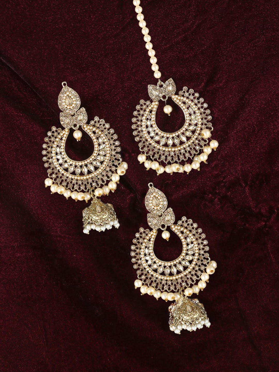 

Adwitiya Collection 24CT Gold-Plated Off-White Stone-Studded Maang Tikka with Earing