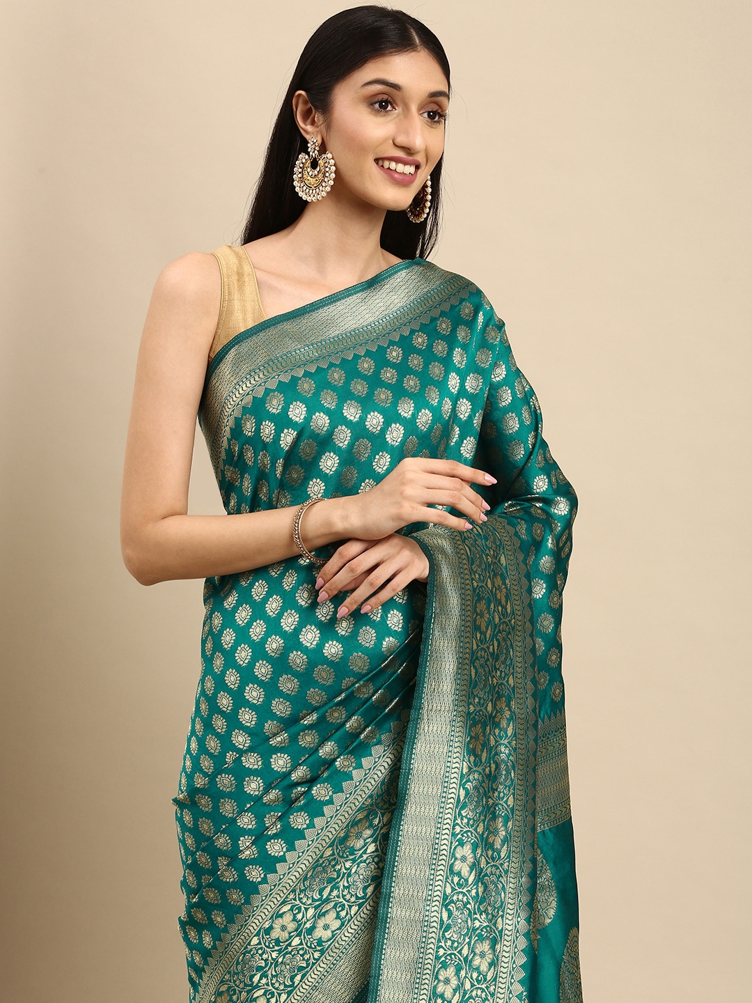 

Anouk Teal Green & Golden Ethnic Motifs Silk Blend Banarasi Saree
