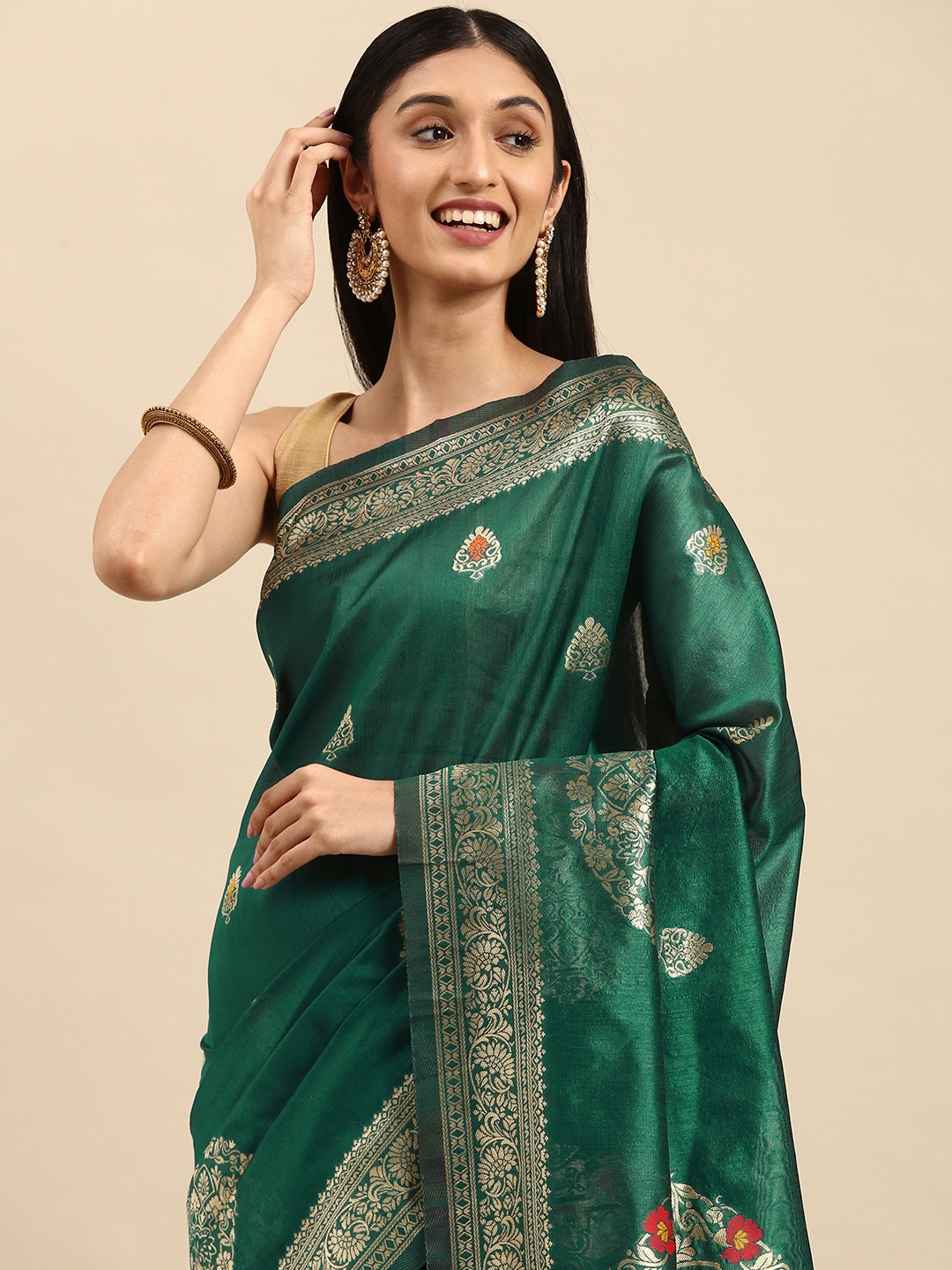 

Anouk Teal Green & Golden Ethnic Motifs Silk Blend Banarasi Saree