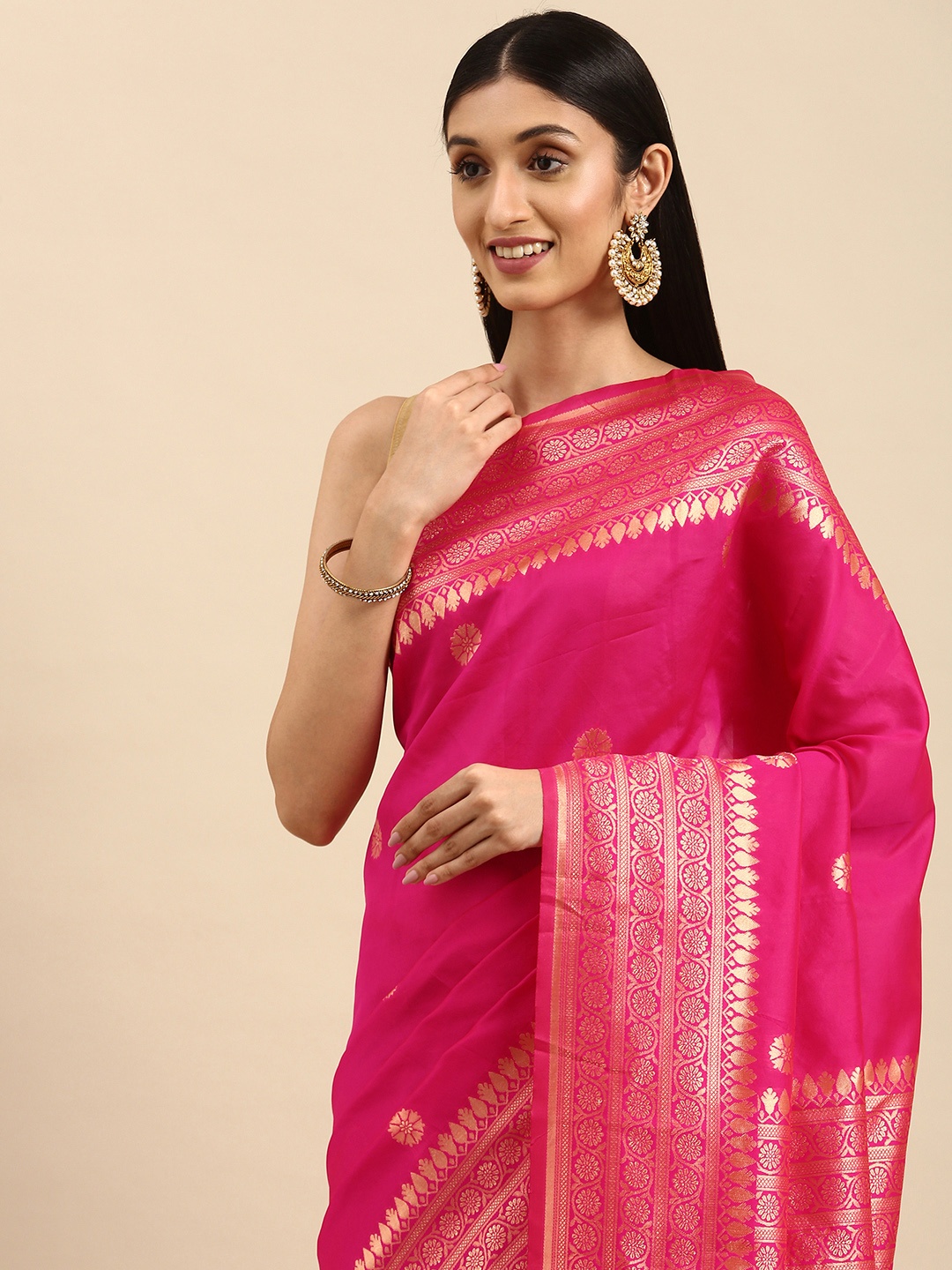 

Anouk Fuchsia & Golden Ethnic Motifs Silk Blend Kanjeevaram Saree