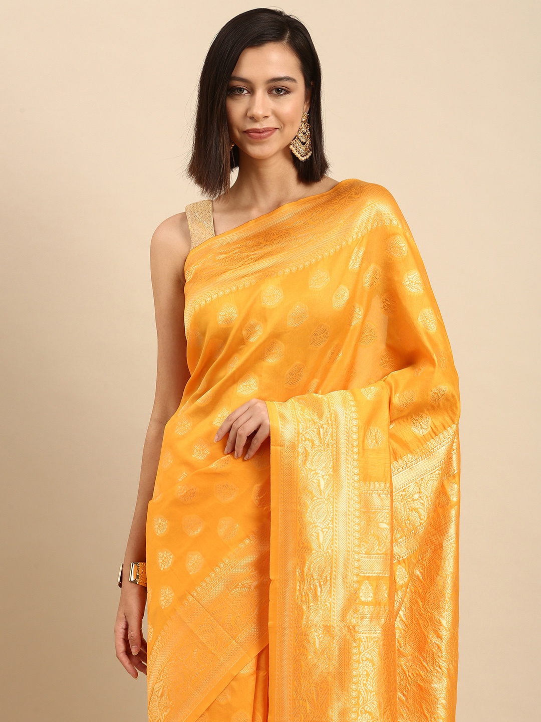 

Anouk Yellow & Golden Ethnic Motifs Silk Blend Saree