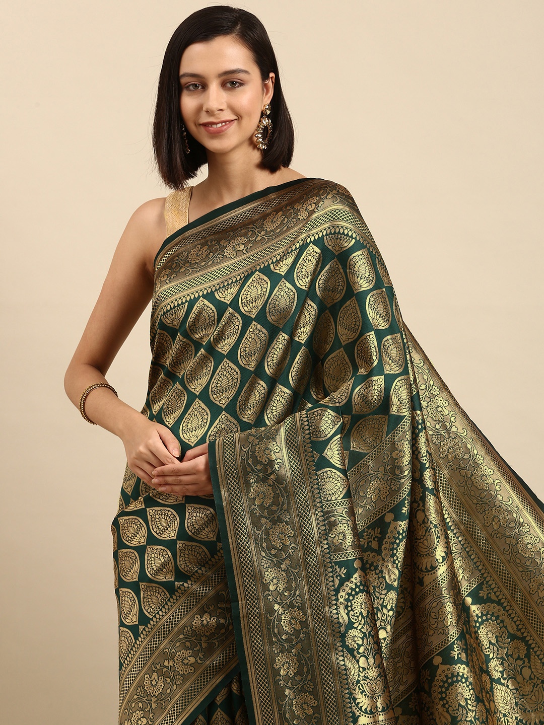 

Anouk Green & Golden Ethnic Motifs Silk Blend Saree