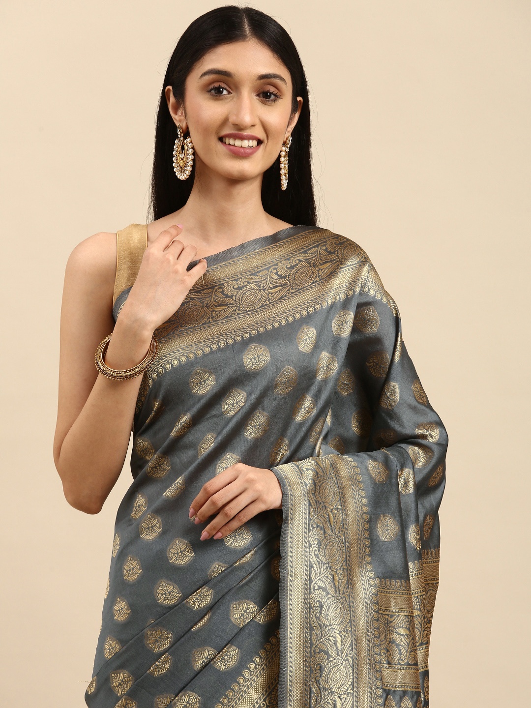 

Anouk Grey & Golden Ethnic Motifs Silk Blend Saree