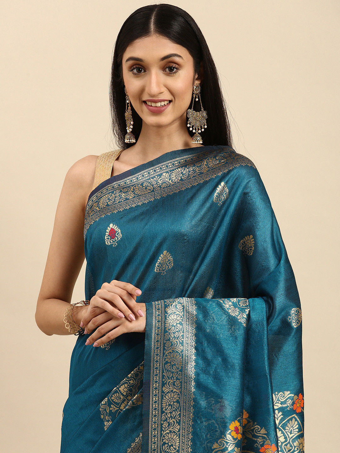 

Anouk Teal Green & Golden Ethnic Motifs Silk Blend Saree