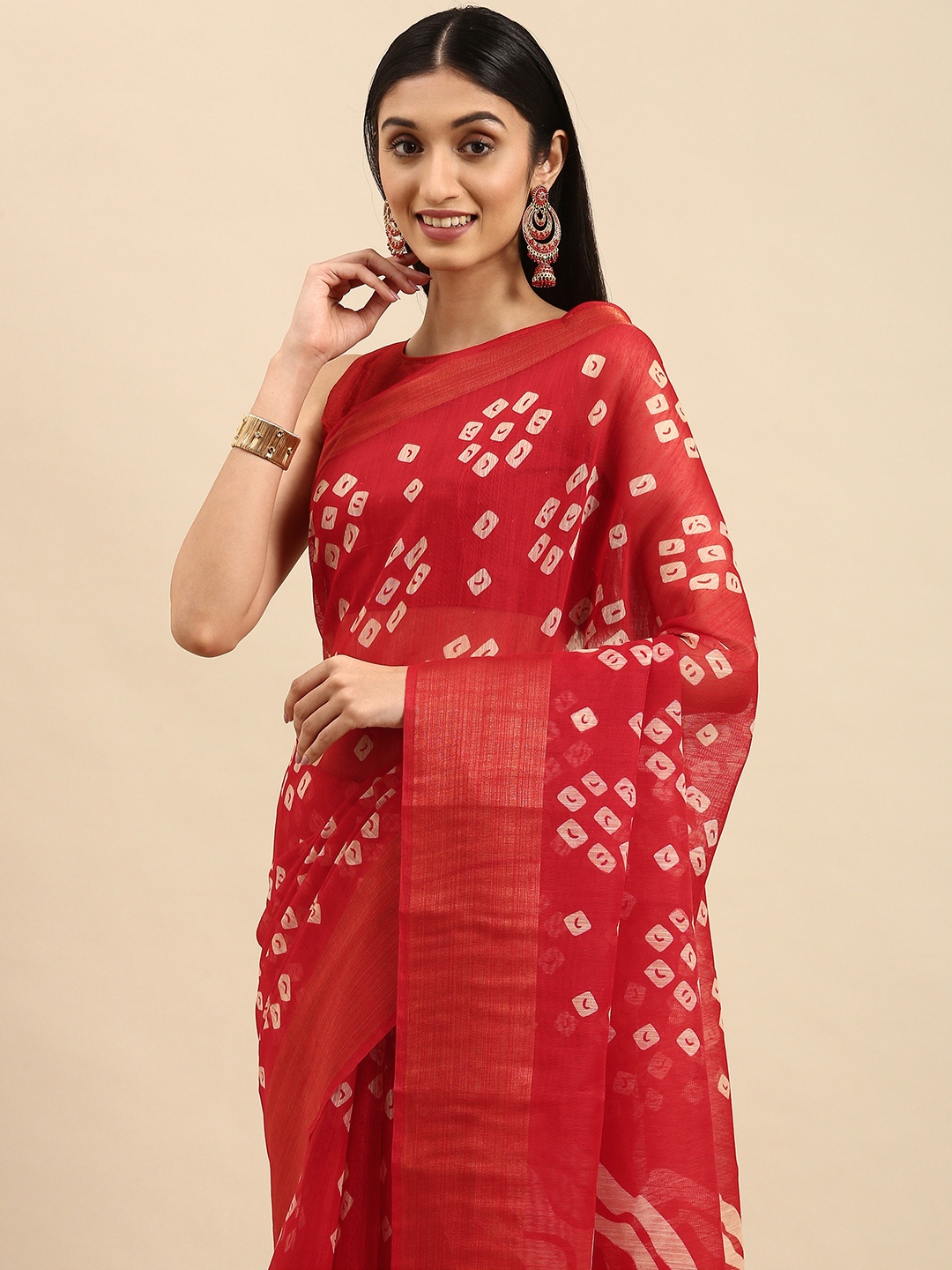 

Anouk Red & White Bandhani Cotton Blend Saree
