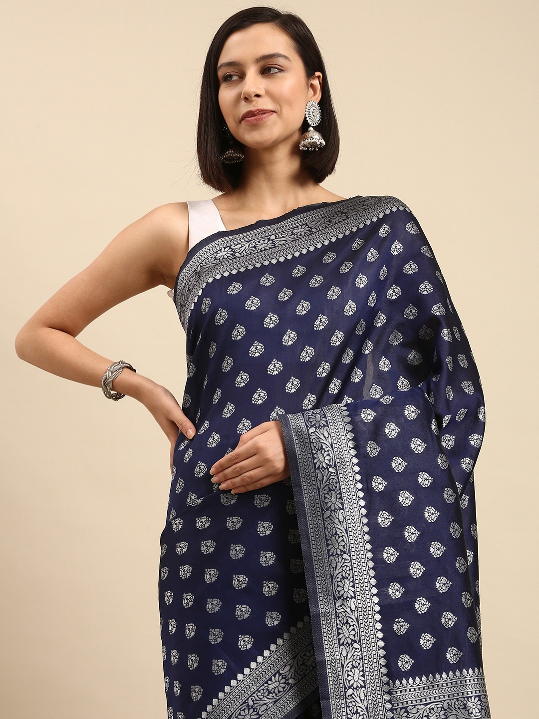 

Anouk Navy Blue & White Ethnic Motifs Silk Blend Saree