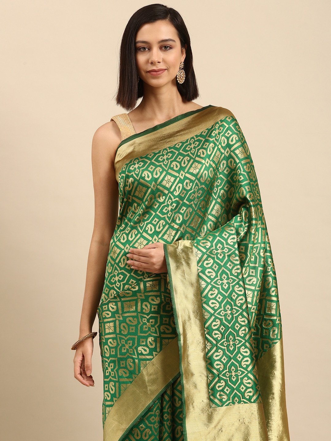 

Anouk Green & Golden Ethnic Motifs Silk Blend Saree