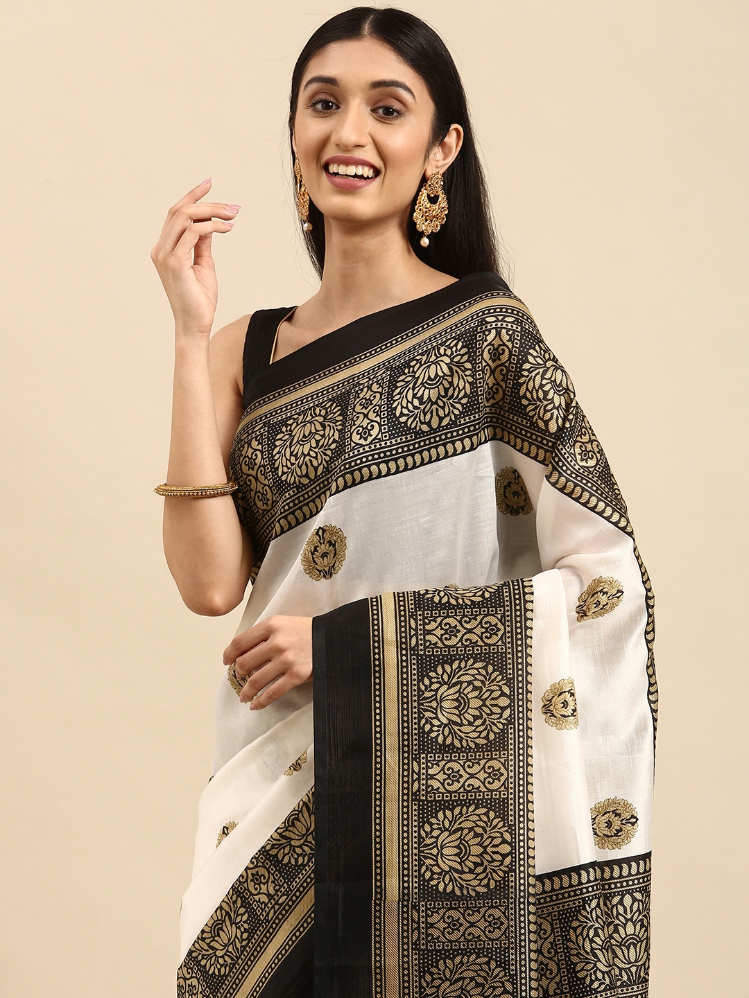 

Anouk White & Black Ethnic Motifs Art Silk Banarasi Saree