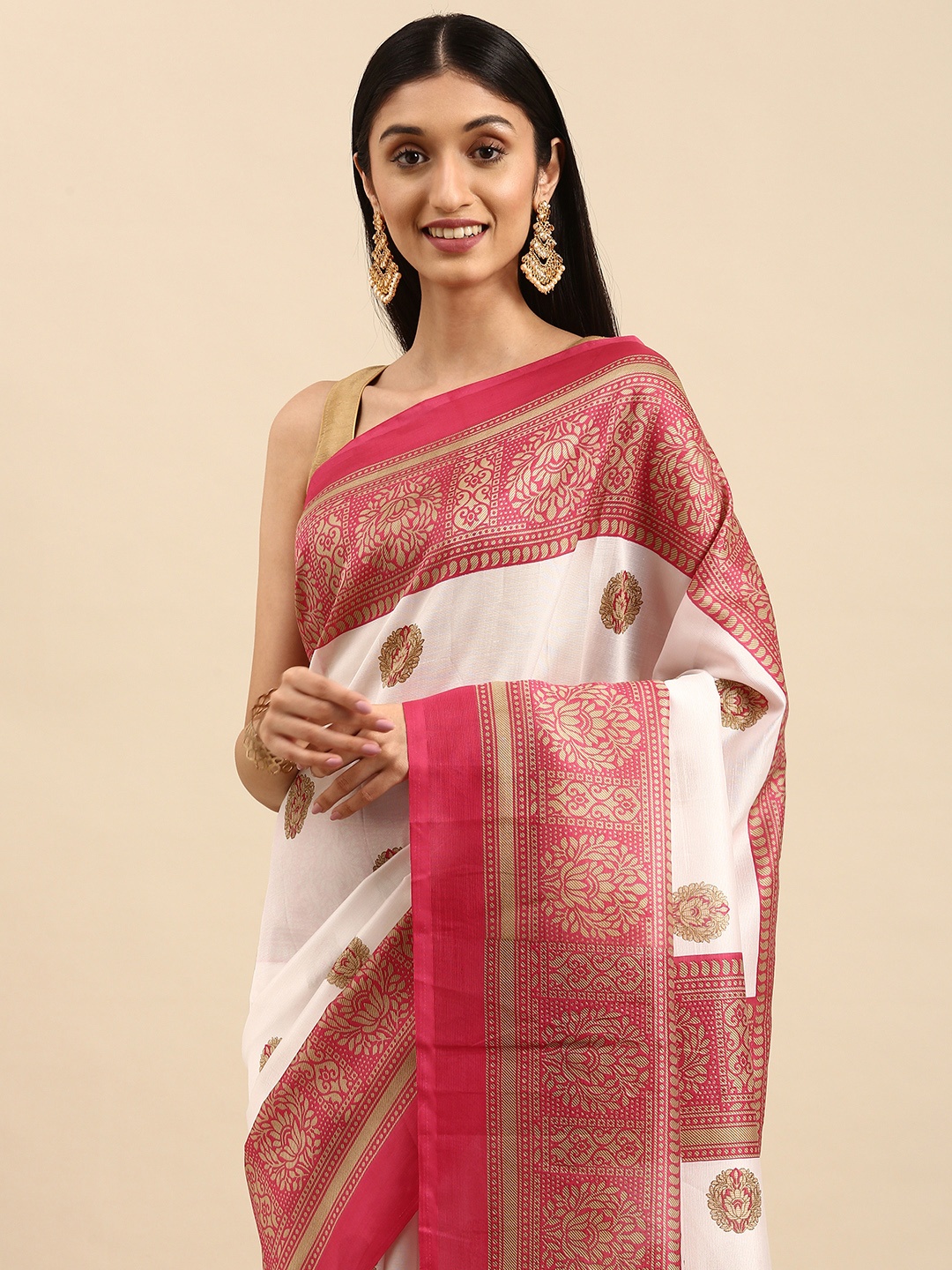 

Anouk White & Pink Ethnic Motifs Art Silk Banarasi Saree