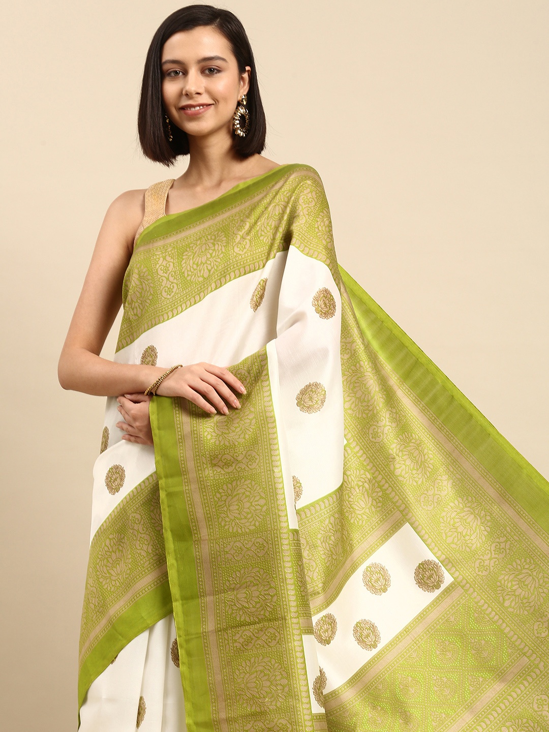 

Anouk White & Green Ethnic Motifs Art Silk Saree