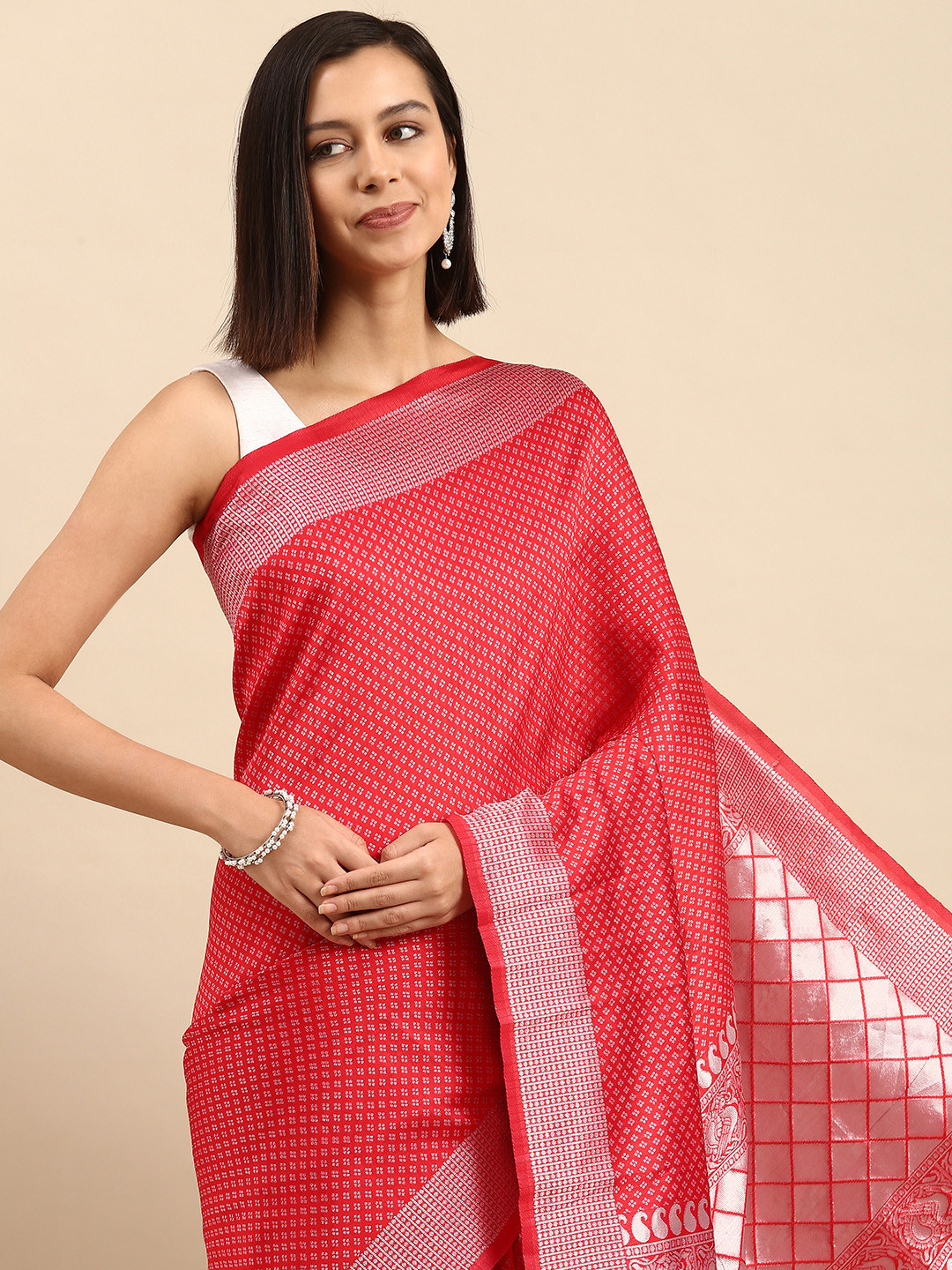 

Anouk Red & White Ethnic Motifs Silk Blend Saree