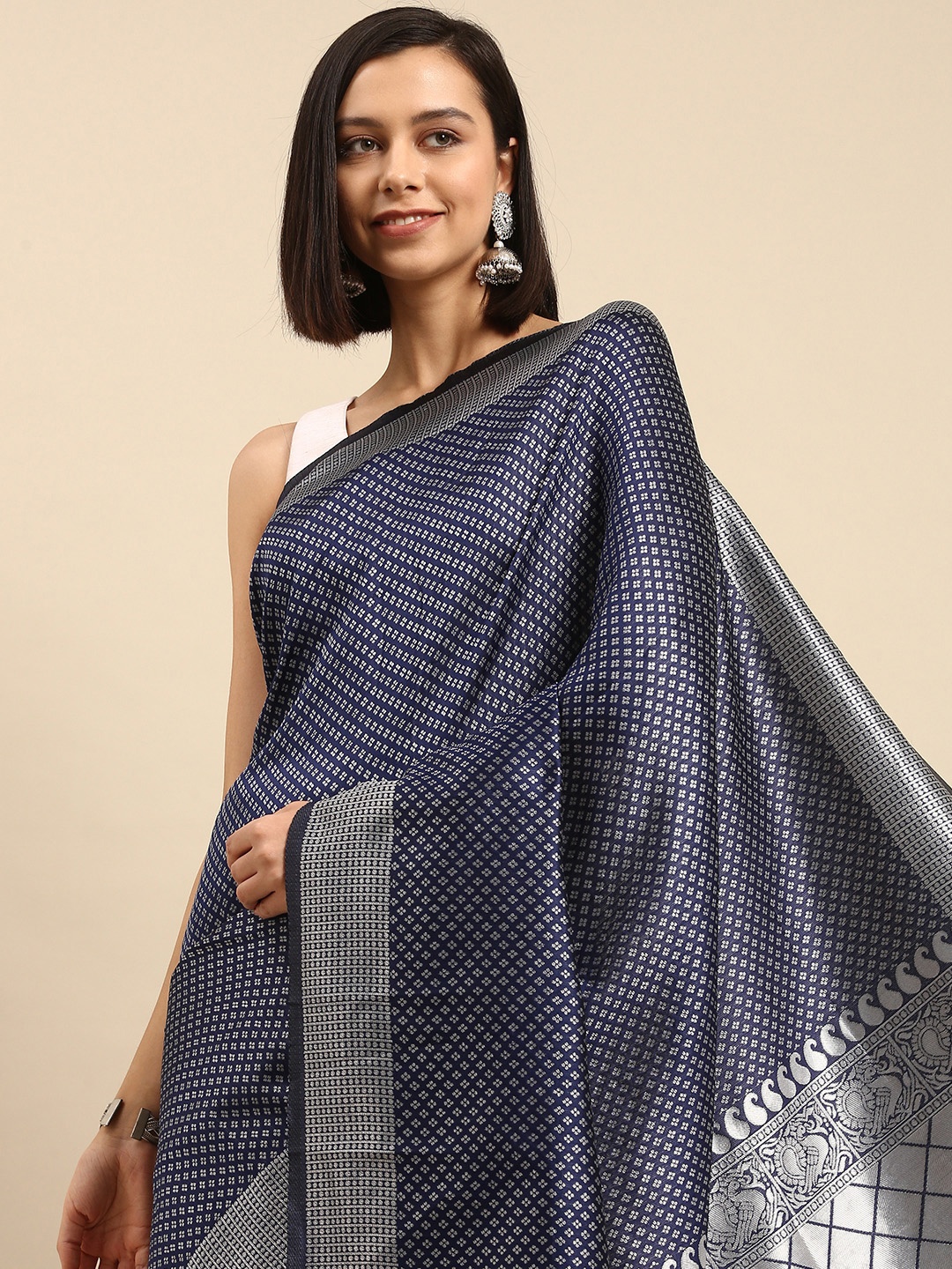 

Anouk Navy Blue & White Ethnic Motifs Silk Blend Saree