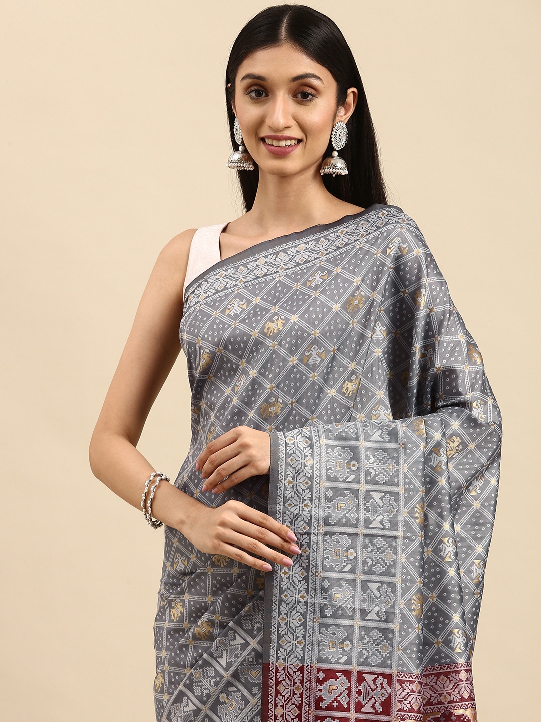 

Anouk Grey & Maroon Ethnic Motifs Silk Blend Banarasi Saree