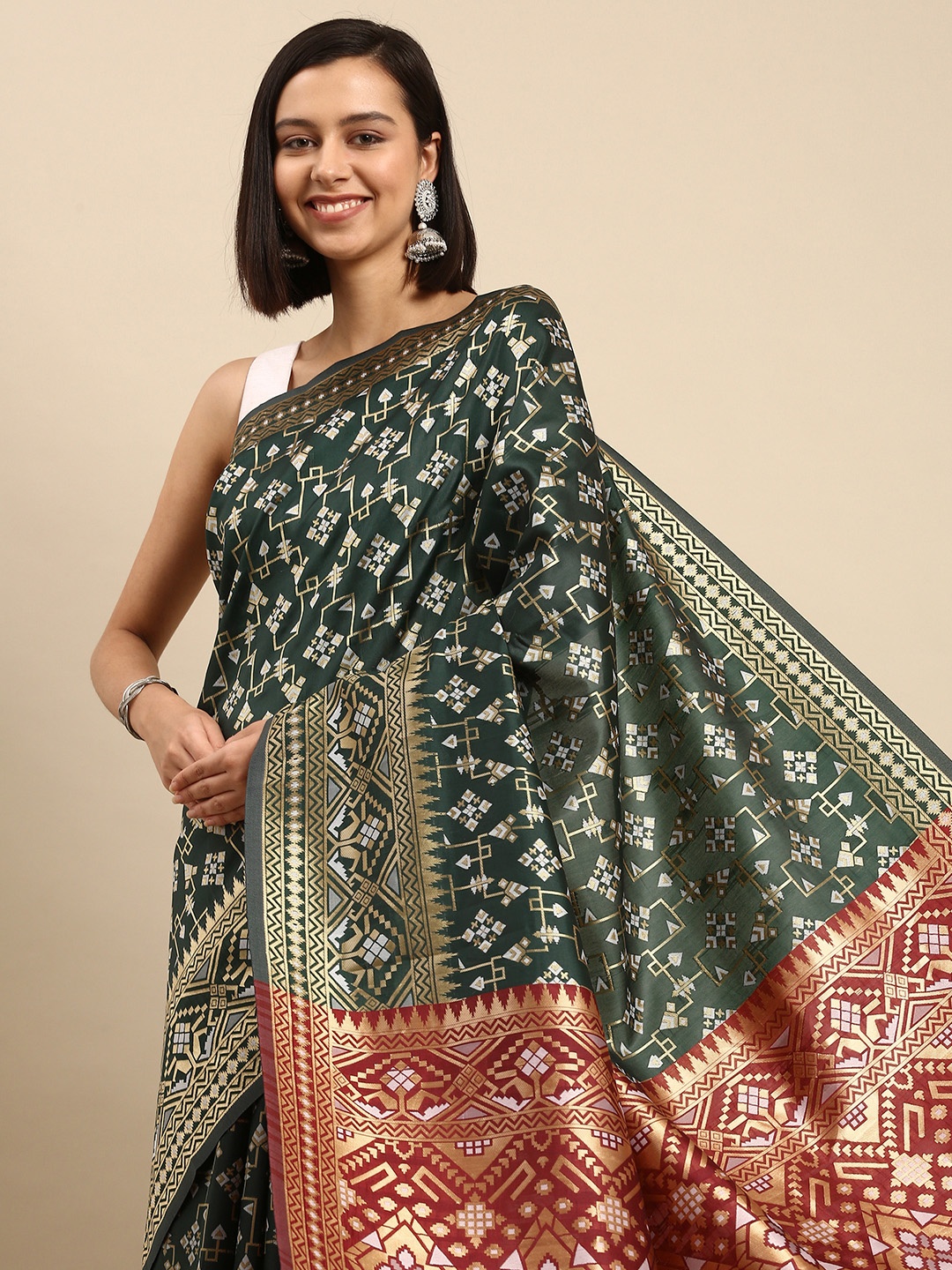 

Anouk Green & Red Ethnic Motifs Silk Blend Saree
