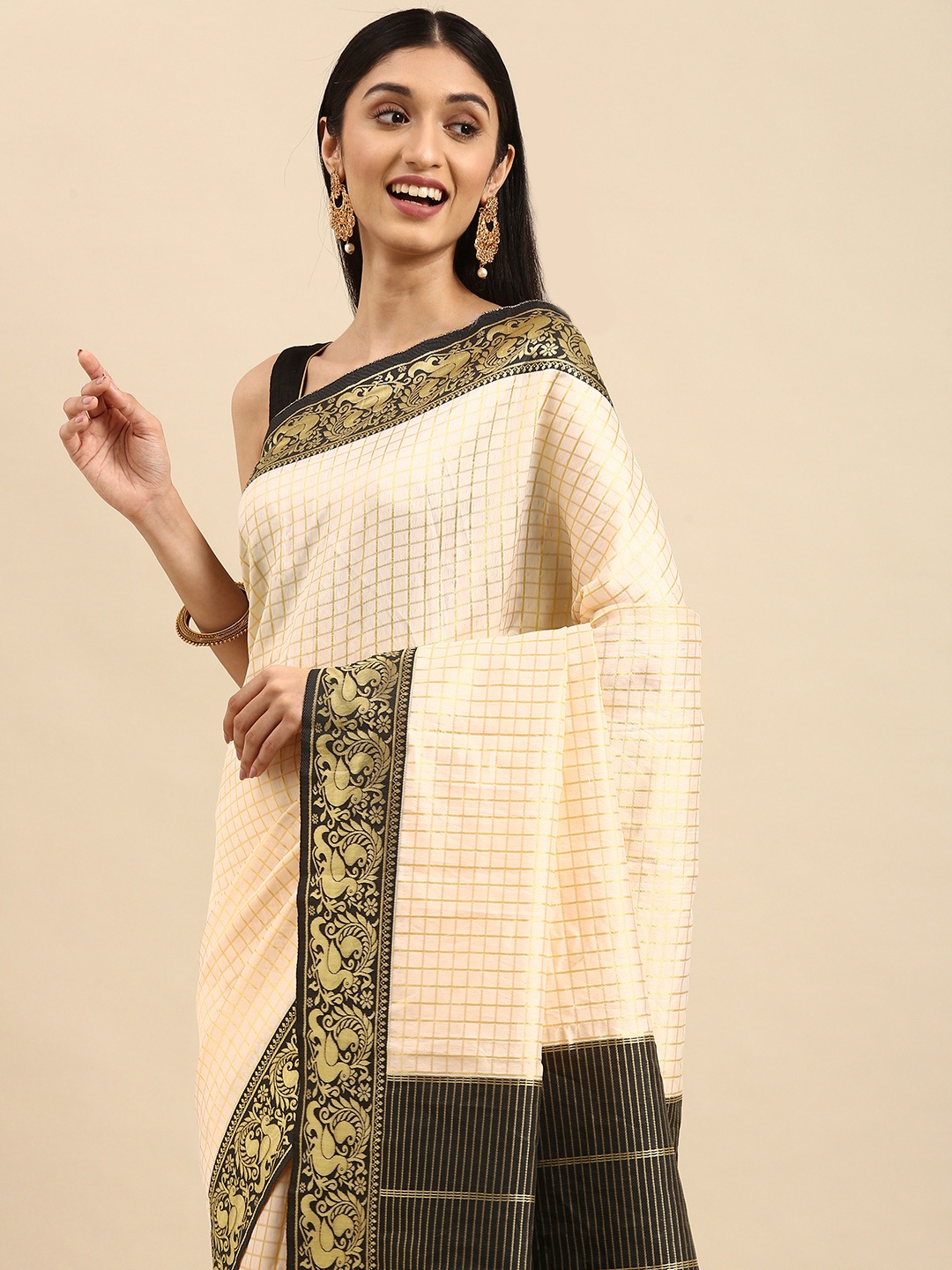 

Anouk Cream-Coloured & Black Ethnic Motifs Silk Blend Banarasi Saree