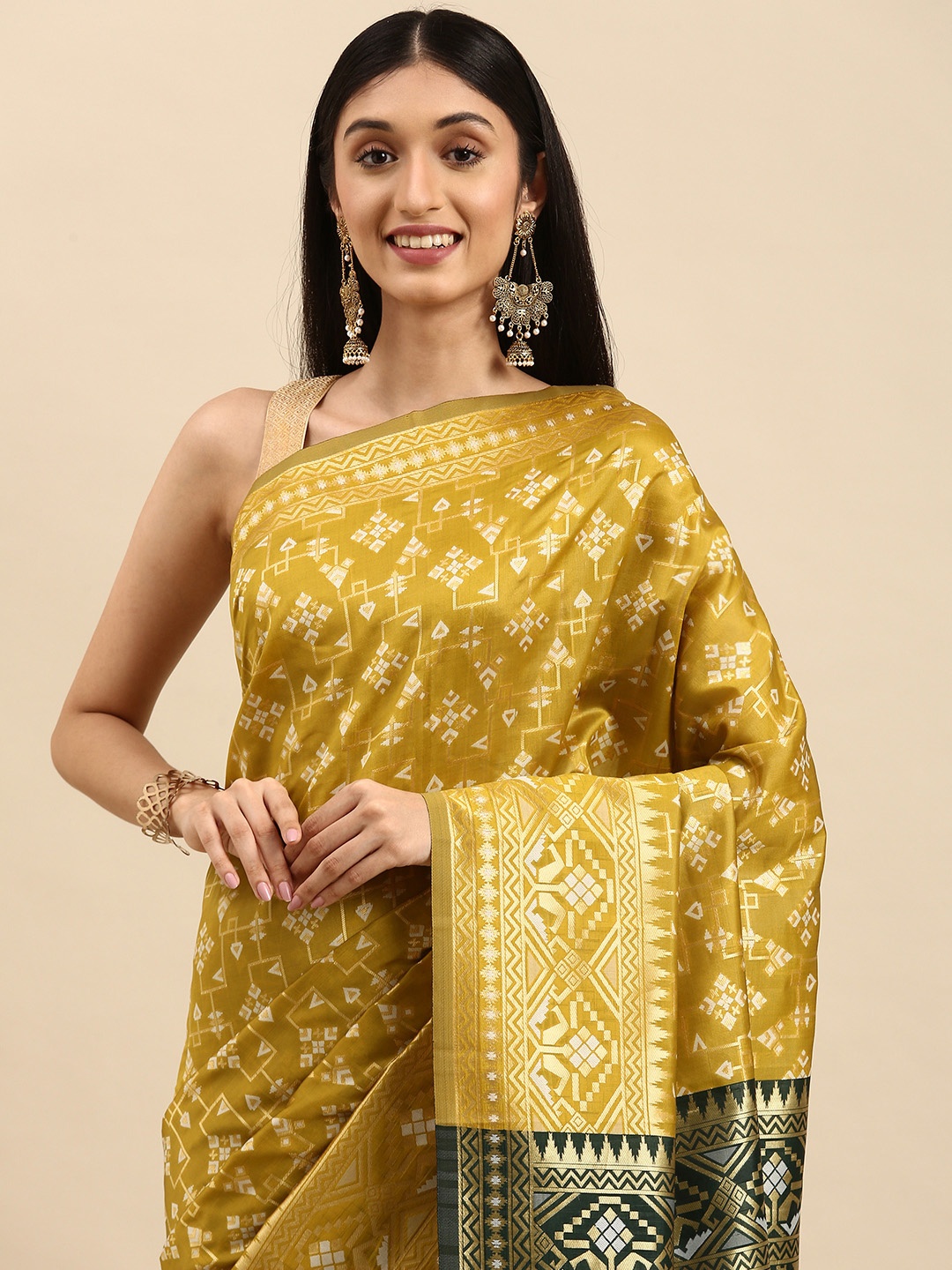 

Anouk Mustard yellow & White Ethnic Motifs Silk Blend Saree