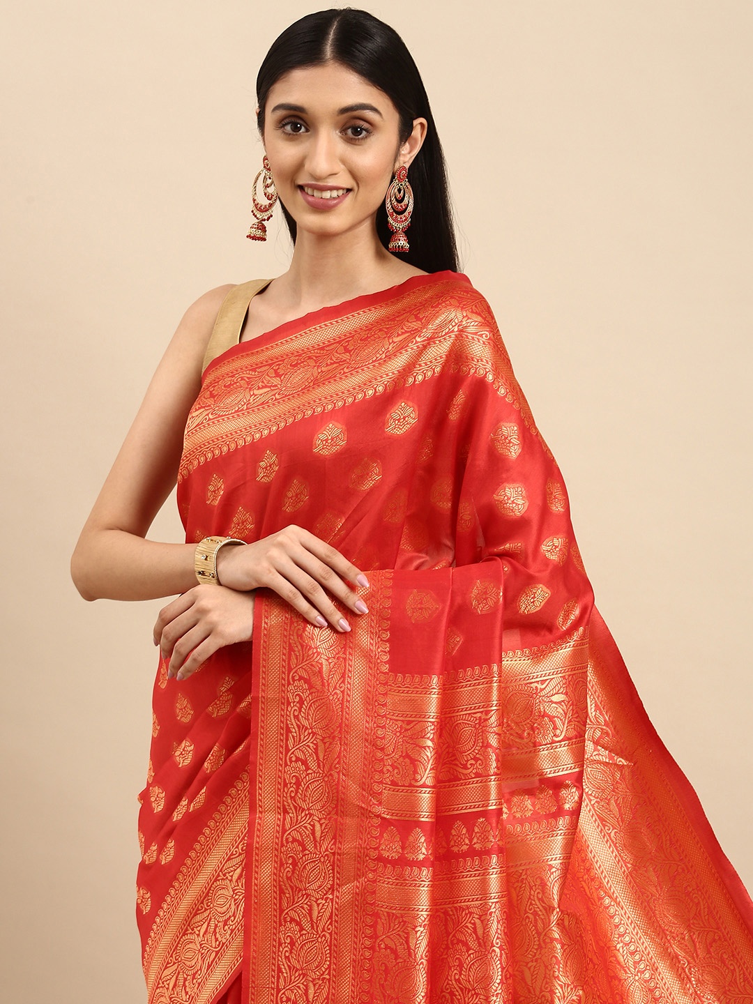 

Anouk Red & Golden Ethnic Motifs Silk Blend Kanjeevaram Saree