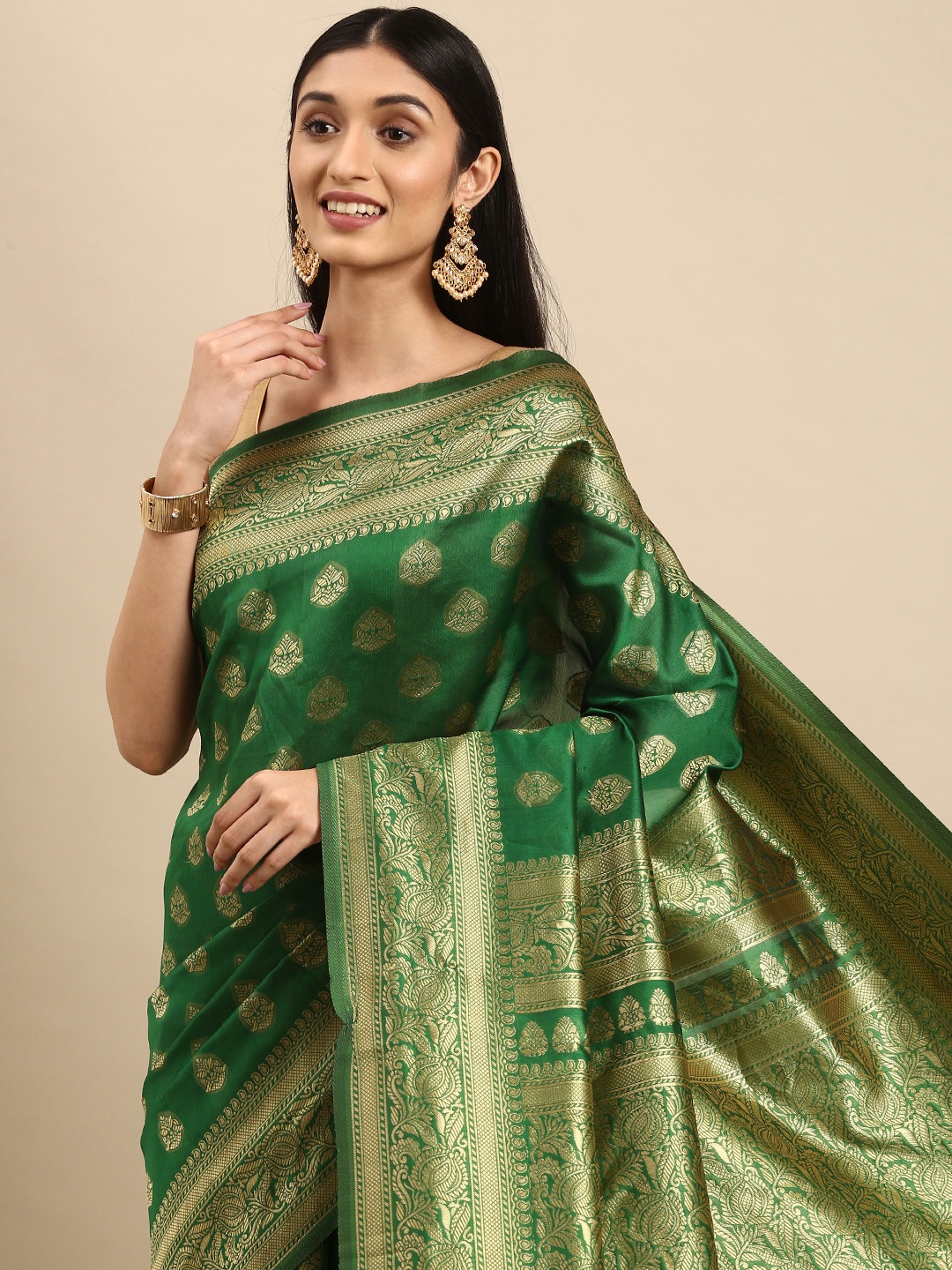 

Anouk Green & Golden Ethnic Motifs Silk Blend Kanjeevaram Saree