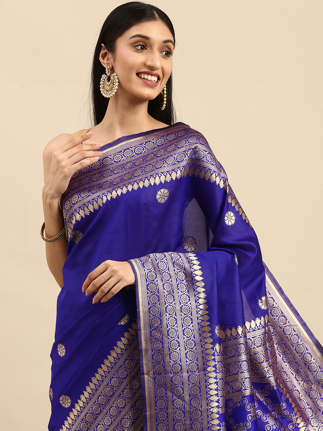 

Anouk Blue & Golden Ethnic Motifs Silk Blend Kanjeevaram Saree