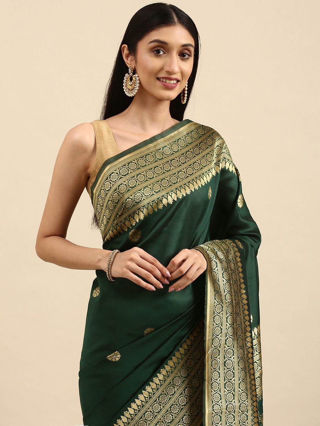 

Anouk Green & Golden Ethnic Motifs Silk Blend Kanjeevaram Saree