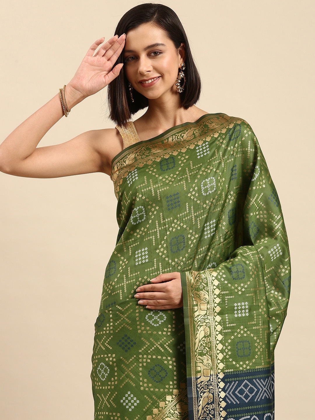 

Anouk Green & White Bandhani Saree