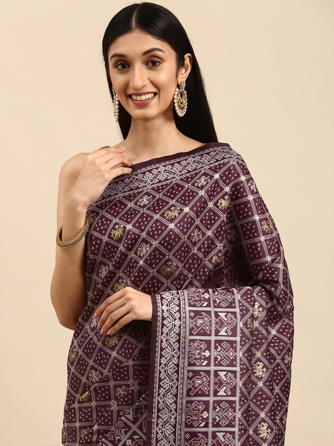 

Anouk Burgundy & Grey Ethnic Motifs Silk Blend Banarasi Saree