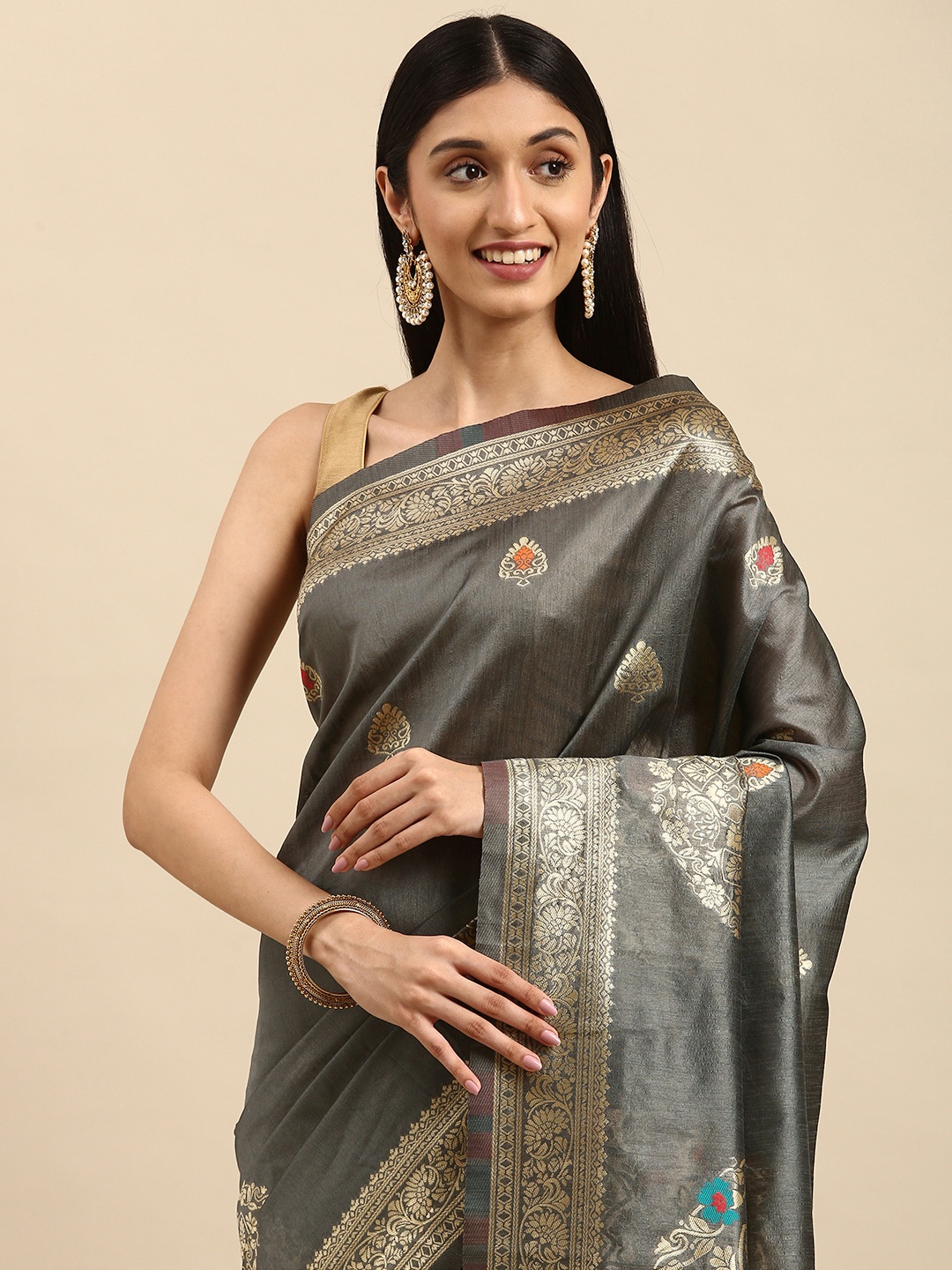 

Anouk Grey & Golden Ethnic Motifs Silk Blend Banarasi Saree