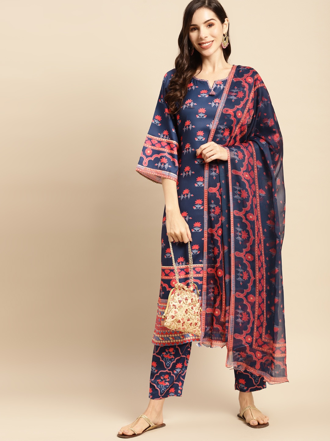 

Prakrti Women Navy Blue & Red Ethnic Motifs Printed Kurta With Trousers & Dupatta