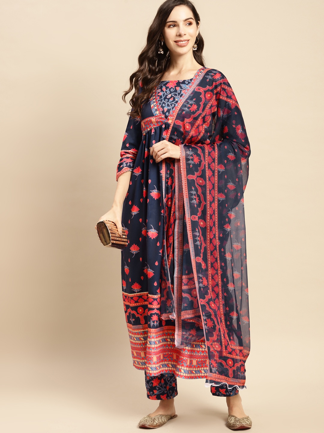 

Prakrti Women Navy Blue Ethnic Motifs Printed Kurta with Trousers & With Dupatta