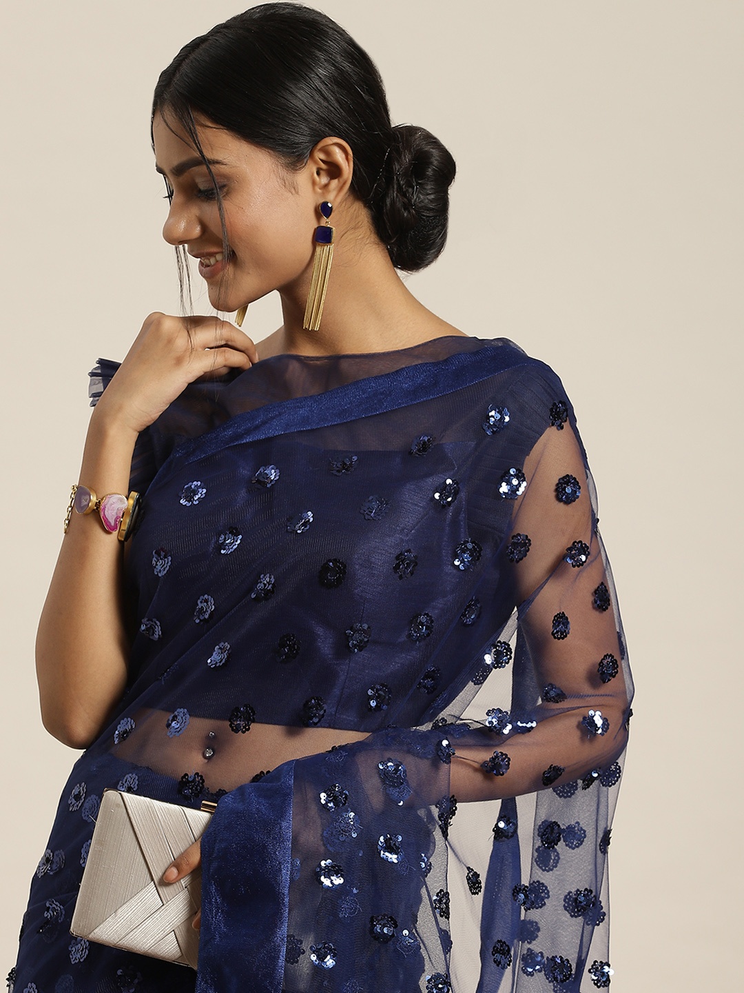 

Sangria Navy Blue Floral Sequinned Embroidered Net Saree